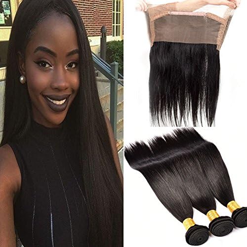 WFHair 7A Brazilian Straight Virgin Hair with Closure 3 Bundles Human Hair with 360 Lace Frontal Closure Brazilian Virgin Hair (12 12 12 with 10" 360 frontal)