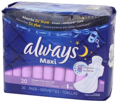 Always Maxi Size 5 Feminine Overnight Pads with Wings, Super Absorbency, Unscented, 20 Count (Packaging May Vary)