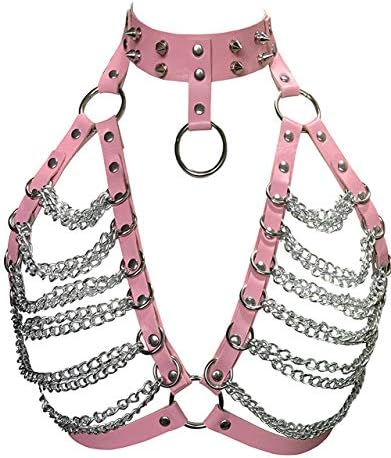 Women’s Leather Body Harness Bra Punk Goth Cage Strap Adjustable with Rivet Buckles and O-Rings