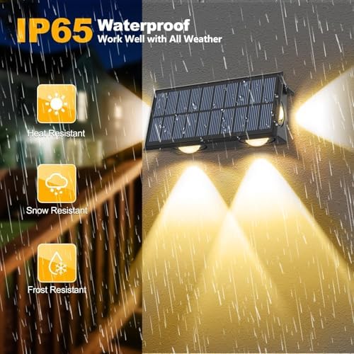 Aplique Solar Pared Exterior, 4 Piezas Luz Solar Exterior Pared Blanco Cálido, Luces Pared Solar con Iluminación en Tres Direcciones, IP65 Impermeable para Patio, Valla, Porche, Garaje