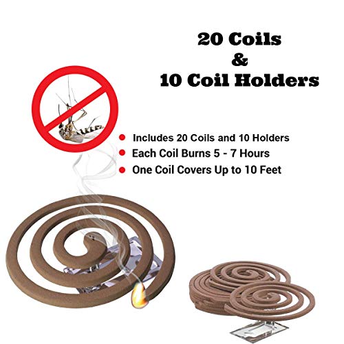 W4W Citronella Mosquito Repellent Coils - Outdoor Use Reaches Up to 10 feet - Each Coil Burns for 5-7 Hours (Five Pack Contains 20 coils & 10 Coil Stands)