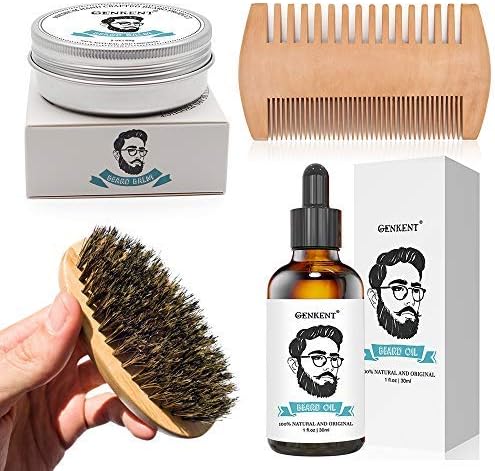 Beard Grooming Kit - Mustache Grooming Kit for Men Care,Genkent Natural Beard Oil & Beard Balm Boar Bristle Beard Brush & Wooden Beard Comb