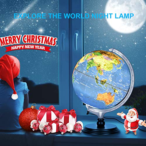12 Inch Illuminated World Globe, Raised Relief Topographical Globe, Built-in LED Light for Night View, Magnifying Glass, Wood Stand for Learning Education Teaching Demo Home Office Desk Decoration