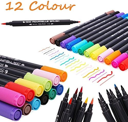 Prochive Dual Tips Watercolor Marker Pen Water Soluble Flexible Soft Brush Dual Tip Brush Render Art Graphic Drawing Painting Set for Sketch Design Shade Illustrate Scribbling etc, 12 Colors