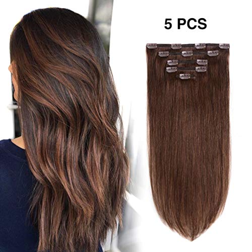5 Pieces 14" Remy Clip in Hair Extensions Human Hair Medium Brown - Beauty Silky Straight Short Thick Real Hair Extensions for Women Fashion (14 inches,#4, 70grams)