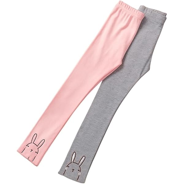 Girls' Bunny Print Leggings 2-Pack (3T-6T) - Soft Stretch Full Length Pants, Pink & Grey