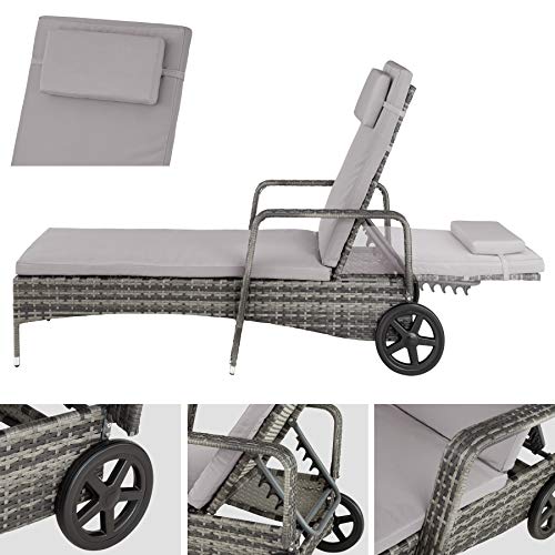 TecTake 800077 Polyrattan Gartenliege, 6-Fach höhenverstellbar, mit gummierten Rädern, inkl. Kissen (Grau | Nr. 403225) – Bild 5