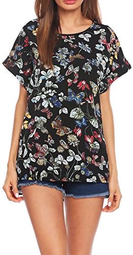 Gumod Women's Blouse Short Sleeve Round Neck Print Chiffon Casual T-Shirt Loose Batwing Tops