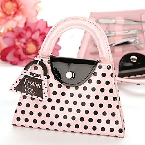 Portable Handbag Style Pink Polka Dots Pattern Nail File Scissors Clipper Tweezer Manicure Set for Lady Bridal Shower Party Wedding Gift