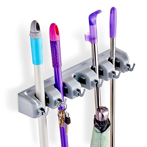 Imillet Mop and Broom Holder, Wall Mounted Organizer-Mop and Broom Storage Tool Rack with 5 Ball Slots and 6 Hooks (Gray) (One Pack)