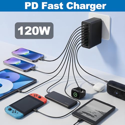 Cargador USB C Carga Rápida 120W, 8 Puertos Multipuerto con Enchufe, 3USB-C + 3USB-A, Cargador Rápido Inteligente QC 3.0, Compatible con iPhone, Samsung, Xiaomi, Otros Dispositivos USB