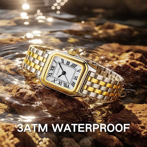 Goldene Uhren für Damen, Vintage, rechteckig, zierlich, Schmuck, Armband, Uhr, kleines Handgelenk, schmal, Reloj para Mujer, klassisches römisches Zifferblatt, 3 ATM wasserdicht, mit Werkzeug