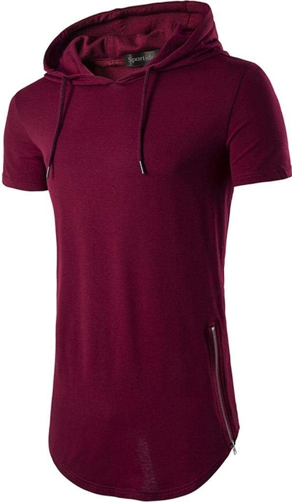 Sportides Mens Casual Longline T-Shirt Short Sleeve Hoodies Zipper Hip Hop Tee Tops JZA028