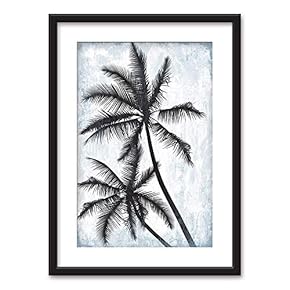 Framed Wall Art - Palm Trees on Retro Style Background - Black Picture Frames White Matting - 23x31 inches