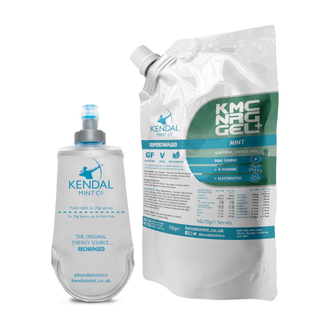 KMC NRG Gel+ Caffeine Energy Gel Refill Pouch (10x70g Serves) & 150ml Flask | Refreshing Citrus & Mint, Vegan, Gluten Free