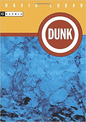 The cover of Dunk. It is a zoomed in version of a dunk tank, with a solid yellow top, blue and black bottom (to resemble water), and a red and white target that you would throw a ball at. 