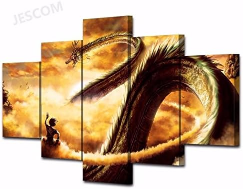 JESC Wall Art 5 Pieces Goku Dragon Ball Paintings Super Saiyan for Living Room Home Decor Print (30x50cmx2,30x70cmx2,30x80cmx1) (B, with Wood Frame) …