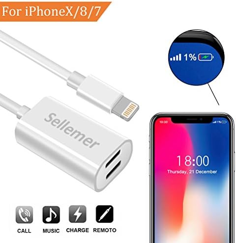 Dual Lightning Adapter Splitter for iPhone 7, 7Plus, 8, 8Plus, iPhone X, Sellemer Headphone Jack Audio/Charge Adapter Compatible Music Control, Charge Power Bank Sync Date (White)