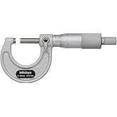 Mitutoyo 103-137, 0-25mm X 0.01mm Outside Micrometer, Ratchet | Carbide-tipped measuring faces, ratchet stop mechanism, +/-0.002 mm accuracy, measures metal and non-metal workpieces