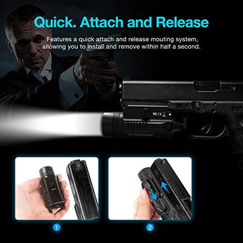 FLAGPOWER 1200 Lumens Rail Mounted Compact Pistol Light LED Tactical Gun Flashlight for Picatinny MIL-STD-1913 and Glock Pistol Weapon Light with Cree XML2 LED 2 x CR123A Lithium Batteries