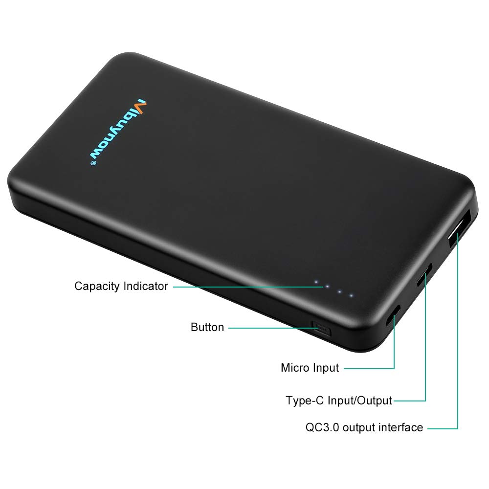 Mbuynow Power Bank 10000mAh, USB C External Akku Quick Charge 3.0 Technologie Tragbares Ladegerät mit Type C und Micro USB Ausgang High Speed mit Max 5V/2.4A für iPhone 7/iPad Air/Huawei P9/Galaxy S7