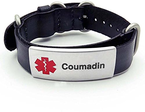 IDtagged Men's Black Leather Coumadin Medical ID Bracelet Adjustable Length w/ Matte Stainless Steel Tag