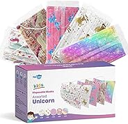 WeCare Disposable Face Masks For Kids, 50 Assorted Unicorn Print Face Masks, Individually Wrapped