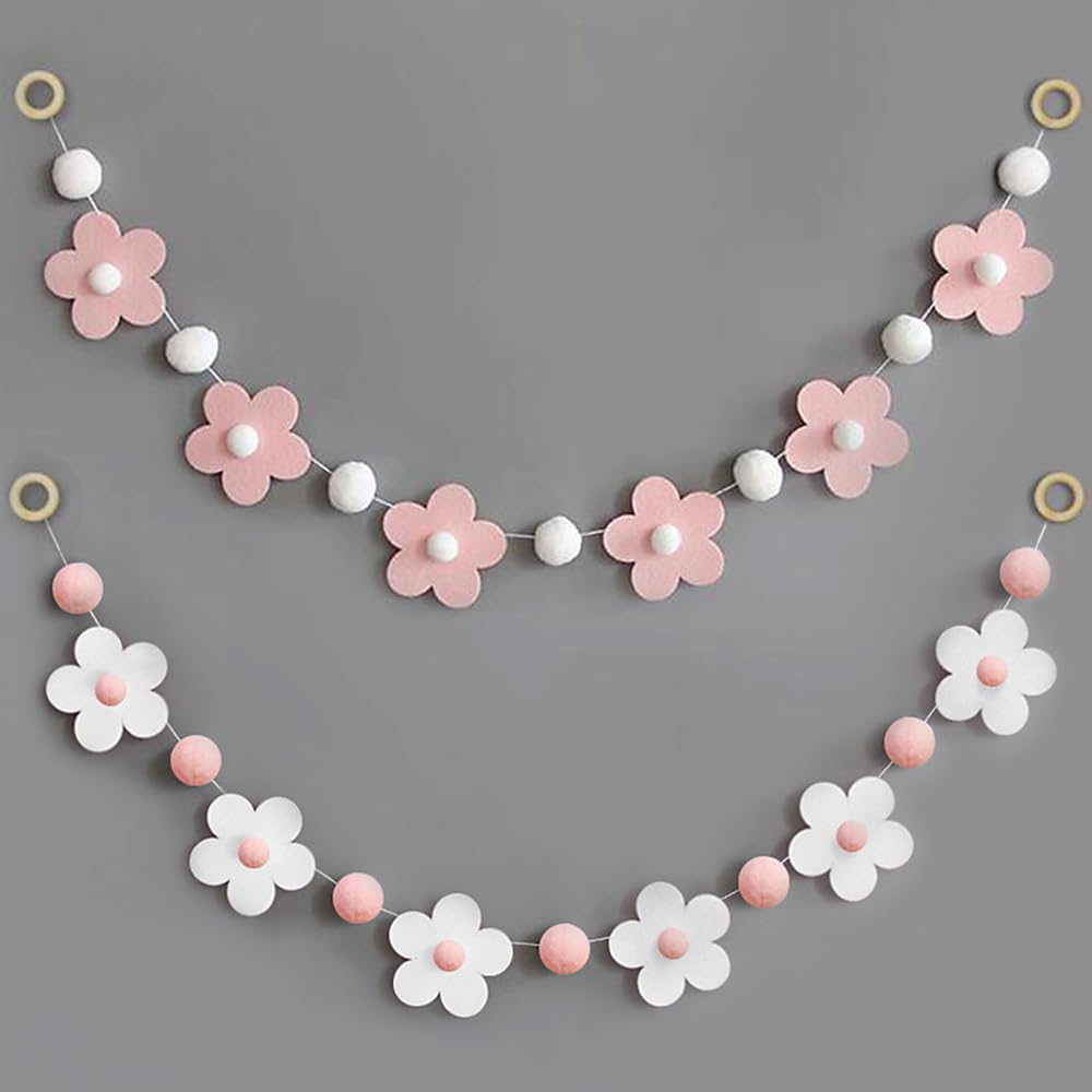 Photo 1 of 2 Pcs Felt Garland White Pink Flower Banner Daisy Garland Decor Unique Floral Garlands Felt Banner Cute Balls Flowers Birthday Party Garlands Banners for Room Home Decor Party Supplies