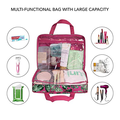 Nicole Miller Makeup Bag, Travel and Toiletry Bag, Large Cosmetic Bag with Zippered, Transparent Pockets and Handles, Foldable Makeup Bag for Home and Travel (Hot Pink & Green Leaf Print) 3 Nicole Miller Makeup Bag, Travel and Toiletry Bag, Large Cosmetic Bag with Zippered, Transparent Pockets and Handles, Foldable Makeup Bag for Home and Travel (Hot Pink & Green Leaf Print)
