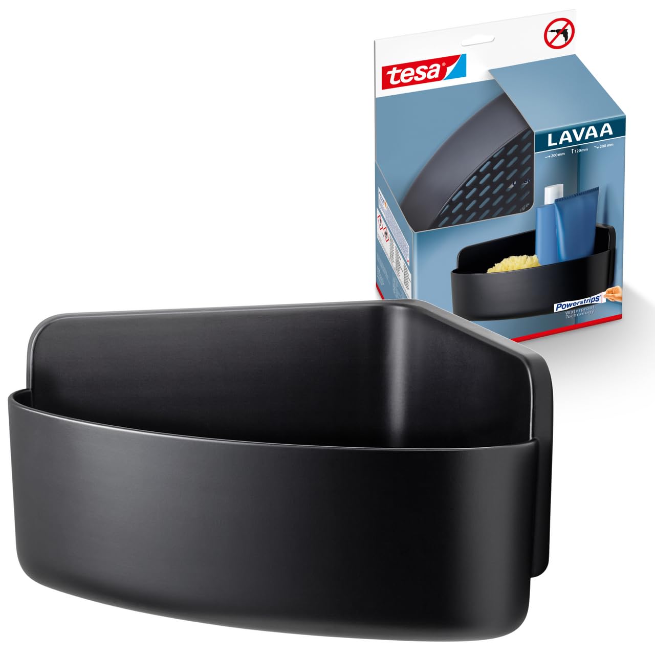 tesa Lavaa Corner Shower Basket M, matt black - Bathroom organiser for wall mounting without drilling, incl. tesa Powerstrips Waterproof Strips XL - 200 mm x 120 mm x 200 mm