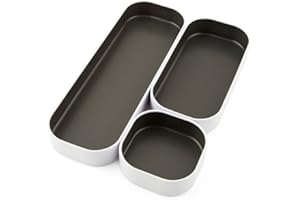 Three by Three Seattle 3 Piece Shallow Metal Organizer Tray Set for Storing Makeup, Stationery, Utensils, and More in Office Desk, Kitchen and Bathroom Drawers (1 Inch, Gray and White)