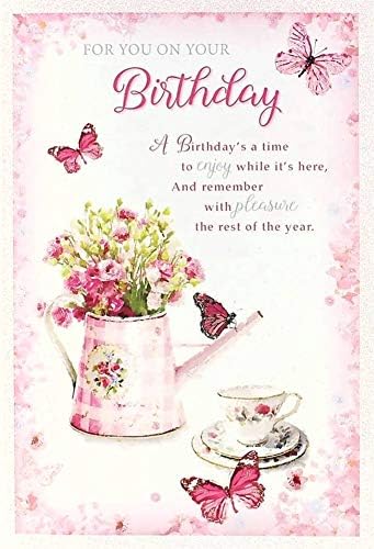Open Female Birthday Card Watering Can Pink Flowers Butterflies Glitter 7.7x5.25, 19.5cm x 13.5cm