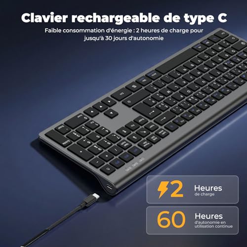 cimetech Wireless Rechargeable Bluetooth Keyboard Silent Ultra-Slim French AZERTY Keyboard with Numeric Pad for MacOS/iOS/Android/Windows/PC/Computer/Laptop/Laptop - Grey Black