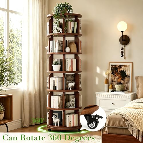 Azlafu 6 Tier 360° Rotating Solid Wood Bookshelf with Wheels, Lazy Susan Circular Spinning Revolving Corner Bookcase, Freestanding Storage Shelf for Bedroom Small Space, Walnut