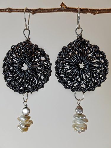 Black Leather Rosette Earrings on Titanium Hoops with Keishi Pearls &amp; Brushed Sterling Beads on Sterling Silver Earwires - 100% Handmade