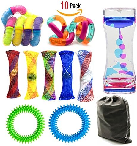 Increase Focus Relieve Stress Toys Bundle(10 Pack)-Liquid Motion Timer Bubbler-Spiky Sensory Ring-Mesh Marble Toy-Twisted Tangle Calming Anxiety Fidget Toys For Sensory Kids With Autism ADHD
