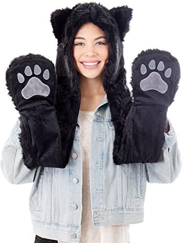 Unisex Womens Mens Plush Faux Fur Winter Animal Paws Hood Hat Black Cat