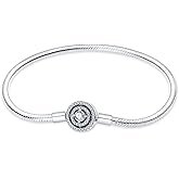 KUNSIR 925 Sterling Silver Snake Chain Bracelet with 5A Cubic Zirconia Hoop Compatible with Pandora charms, Christmas Mother's Day