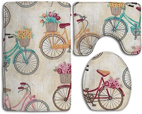 Bicycle Pattern Design Bathroom Rug Sets 3 Piece Non-Slip Floor Mat Contour Rug Toilet Lip Cover