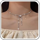 TseanYi Rhinestone Choker Necklace Bridal Necklace Silver Tennis Chain Necklace Crystal Chain Y Lariat Necklace Cubic Zirconia Lariat Necklace CZ Chain Y Shape Necklace