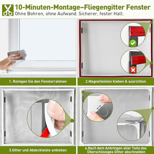 MLEJU Magnetic Fly Screen Window, Insect Protection, Magnetic Window, Can Be Cut to Size up to 120 x 130 cm, No Drilling, Easy Assembly, Magnetic Frame with Tear-Resistant Fibreglass Fabric, White Frame, Grey Net
