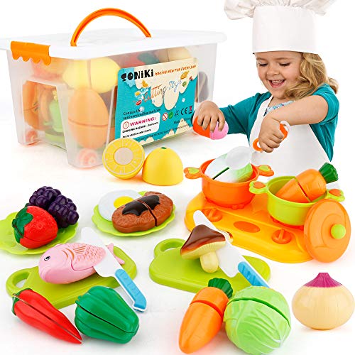 Sotodik 40PCS Kitchen Toys Cutting Toys Pretend Vegetables Fruits Play Food Educational Toys for Girls Boys Kids With Storage Case