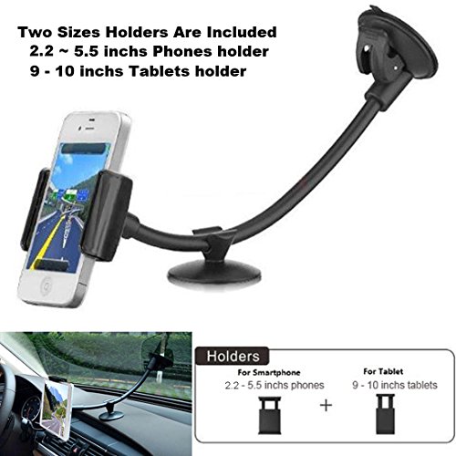 igloon Universal Smartphone and tablet Windshield Dashboard Car Mount Holder, Fits all Gadgets Width Between 2.2-5.5 inches Or Tablets Size Between 9-10 inchs - Best Multi-Purpose Cell Phones and Table PC Window Suction and Dash Support Car Mount Kit - Strong Suction and Very Steady Support with Two Sizes Holders - Excellent for Large Screen Mobile phones and Electronic Devices, Can Hold Samsung Galaxy, HTC , iPhone 6, iPhone 6 Plus, iPad Air, iPad 2 3 4 and other Moblie Phone, tablet(9-10 inchs