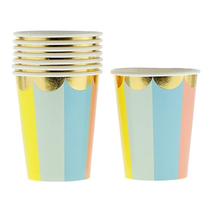 FLAMEER 8er-Set Einweg Pappbecher Party Supplies mit Mehrfarbigen Streifen Muster, ca. 7.5 × 8.5 cm