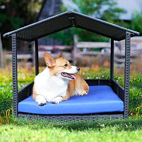 Outdoor Dog House Rattan Pet House Black Wicker Blue Cushion Garden Big