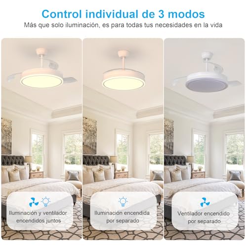 Dorlink Retractable Ceiling Fan 34 Inches with Lights, LED Remote Control with Continuous Dimerization, Modern Fan Lamp for Bedroom/Living Room/Kitchen, 3000K-6500K, 6 Speeds