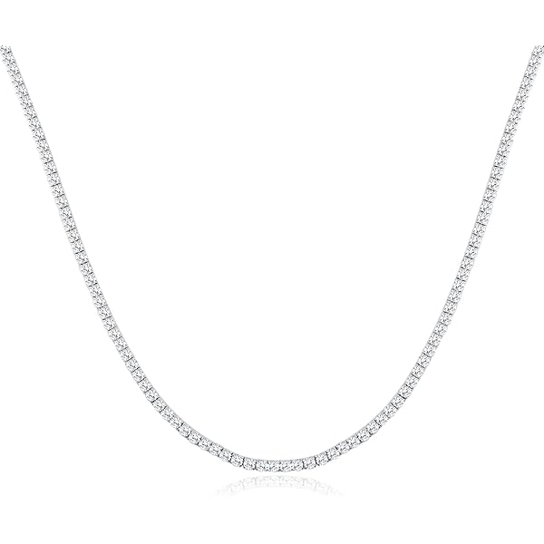 TIKJE 925 Sterling Silver Tennis Necklace| 3 Prong 3mm Round Cubic