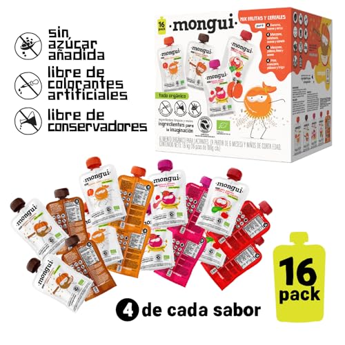 Snack orgánico para peques | Pack 16 pouches Mix Cereales 4 Recetas – Fresa, Avena, Pera, Espelta, Durazno, Arroz, Calabaza, Canela | Empresa B | MONGUI