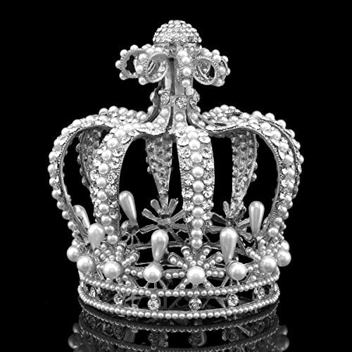 Gold/Silver Crown King Queen Crown Baroque Pearl Crystal Rhinestones Full Tiara Cake Topper (Silver-White)