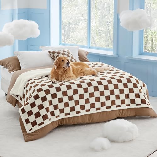 Photo 1 of Lesure Waterproof Dog Blanket for Large Dogs - Washable Double Sided Dog Blankets with Warm Jacquard Shag and Soft Sherpa Fleece, Pet Cat Blanket for Bed Protection, 3D Textured Checks, Brown